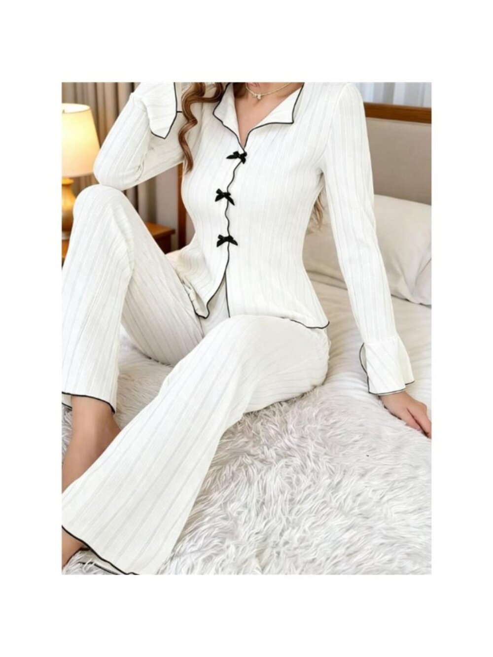 Contrast Bow Detail Top and Pants Lounge Set